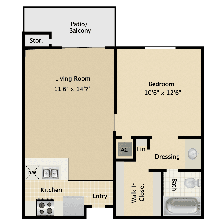 1 Bed • 1 Bath Mahogany floor plan