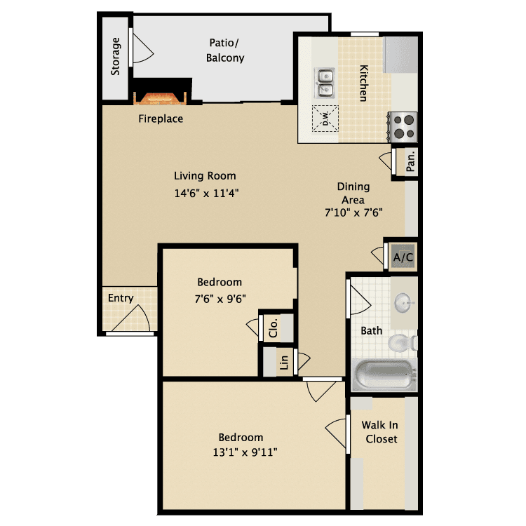 2 Beds • 1 Bath Pecan floor plan