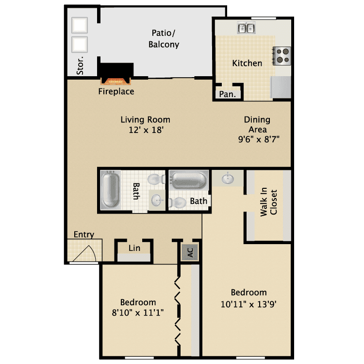 2 Beds • 2 Bath Rosewood floor plan