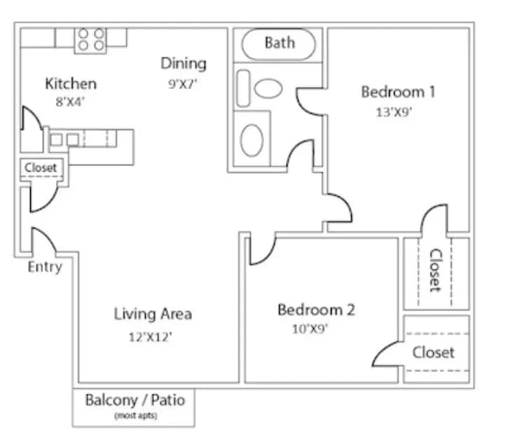 2 Beds • 1 Bath 273 floor plan