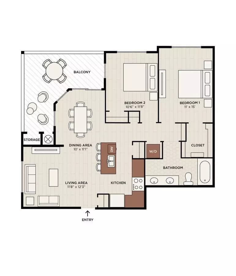 2 Beds • 1 Bath 8307 floor plan
