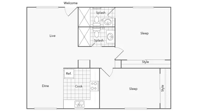 2 Beds • 2 Bath 2H floor plan