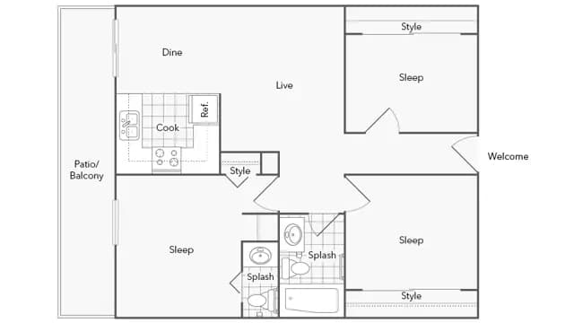 3 Beds • 2 Bath 1N floor plan