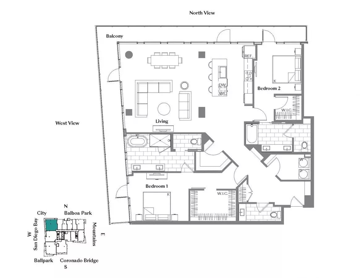 2 Beds • 2 Bath 1908 floor plan