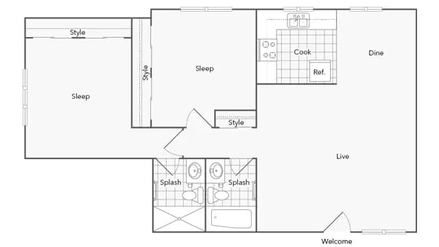 2 Beds • 2 Bath 1J floor plan