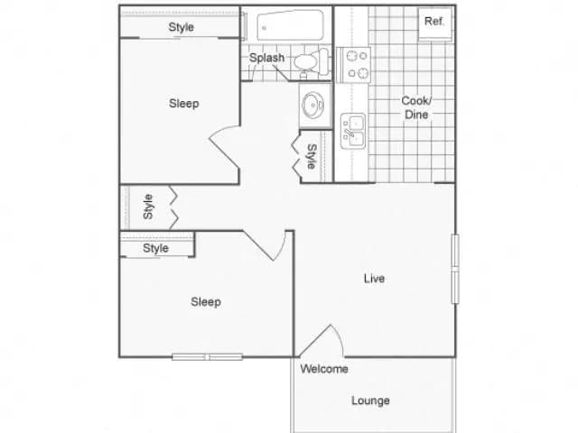 2 Beds • 1 Bath S-02-13 floor plan