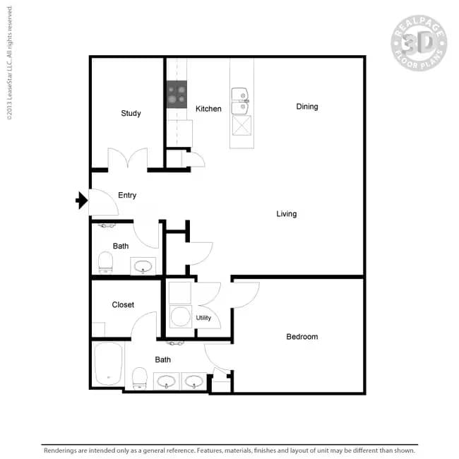 A8 1 bedroom, 2 bath, study 408 floor plan