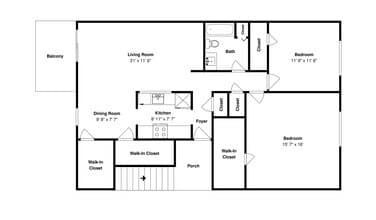 2 Bedroom One Bathroom 224 floor plan