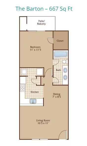 The Barton-667 sq ft with patio 308 floor plan