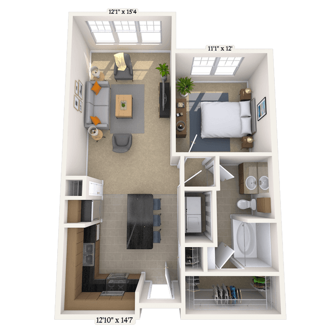 Traditional 1x1 657-743 SF 1116 floor plan