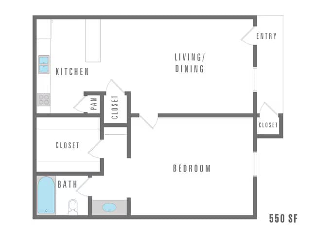 1 Bedroom 1 Bath 5211 Fredericksburg 1-111 floor plan