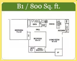2 Bed 1 Bath 238 floor plan