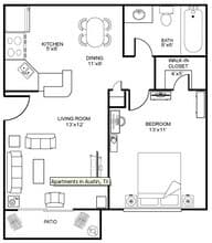 1 Bedroom 1 Bath Plan A1 2045 floor plan