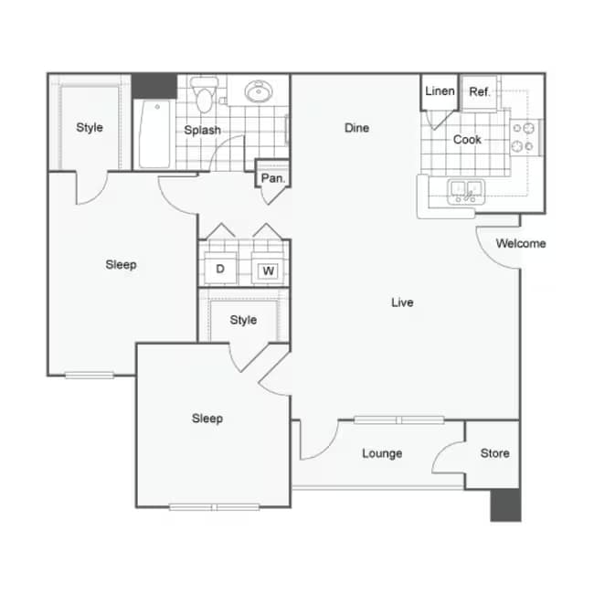 2 Bed 1 Bath A 0313 floor plan