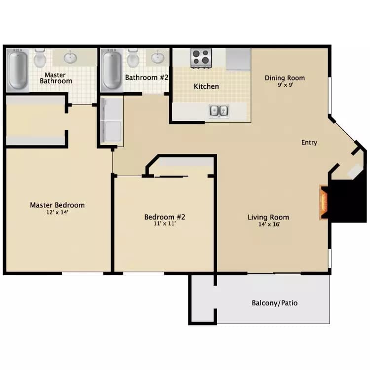 2 Bed 2 Bath B 267-13 floor plan