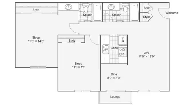 2 Bedroom 2 Bathroom 267 floor plan