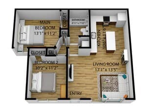 2 Bedrooms, 1 Bathroom floor plan
