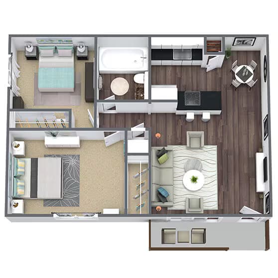 2 Bed 1 Bath 130 floor plan