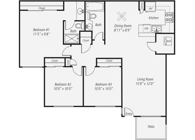 Three Bedroom Renovated 1098 floor plan