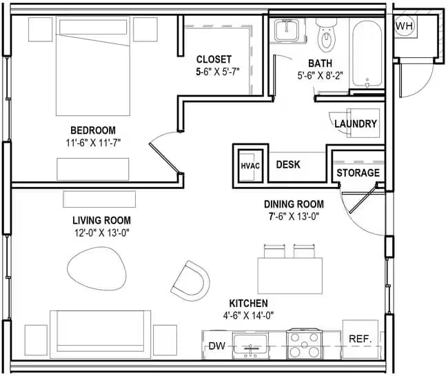 1 Bed 1 Bath 2324 floor plan