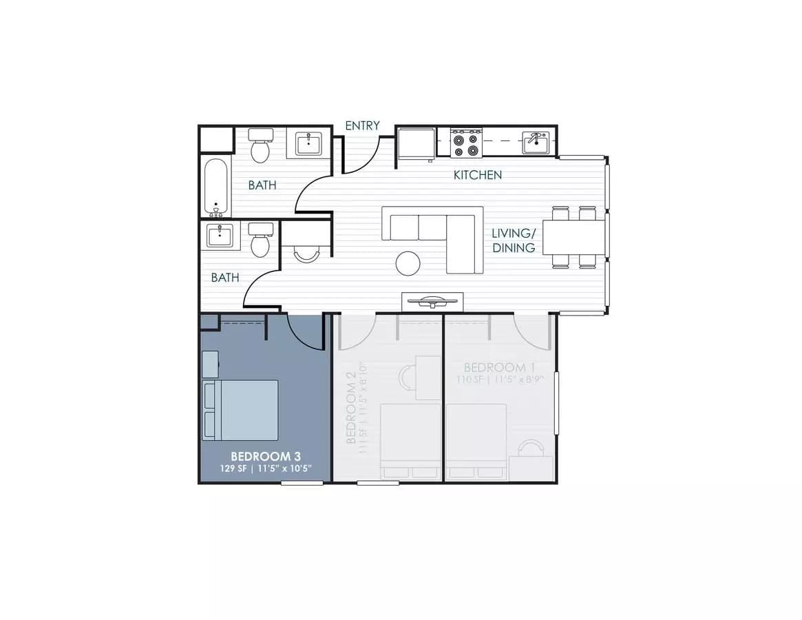3-Bedroom CoLiving Rowhome: Bedroom 1 & Shared ... 206-1 floor plan