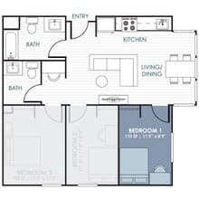 3-Bedroom 1.5-Bathroom Traditional Suite 522 floor plan