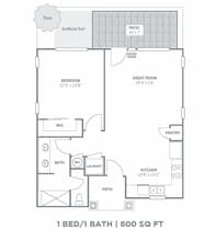 1 Bedroom, 1 Bathroom 25 floor plan