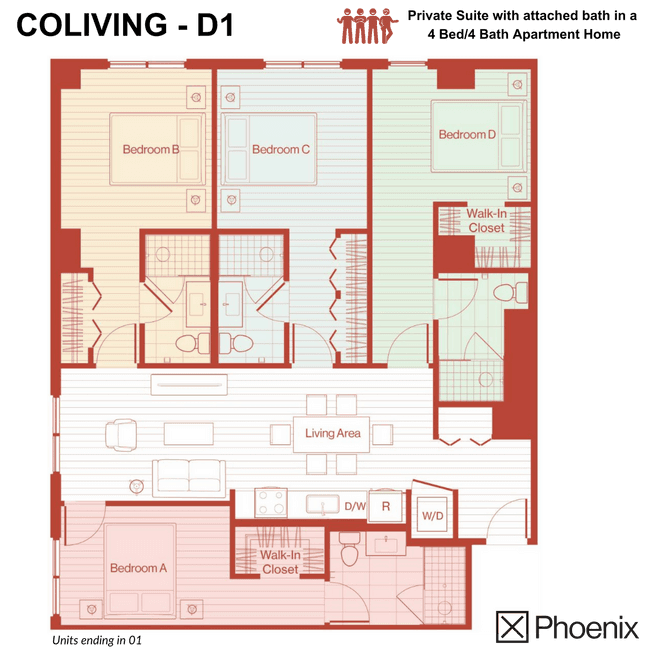 COLIVING Suites in 4 BR/4BA X Phoenix-1801C floor plan