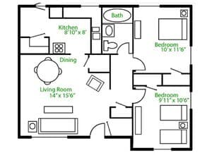 2 Bedroom 1 Bathroom 420 floor plan