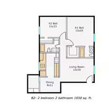 2 Bedroom, 2 Bathroom 129 floor plan