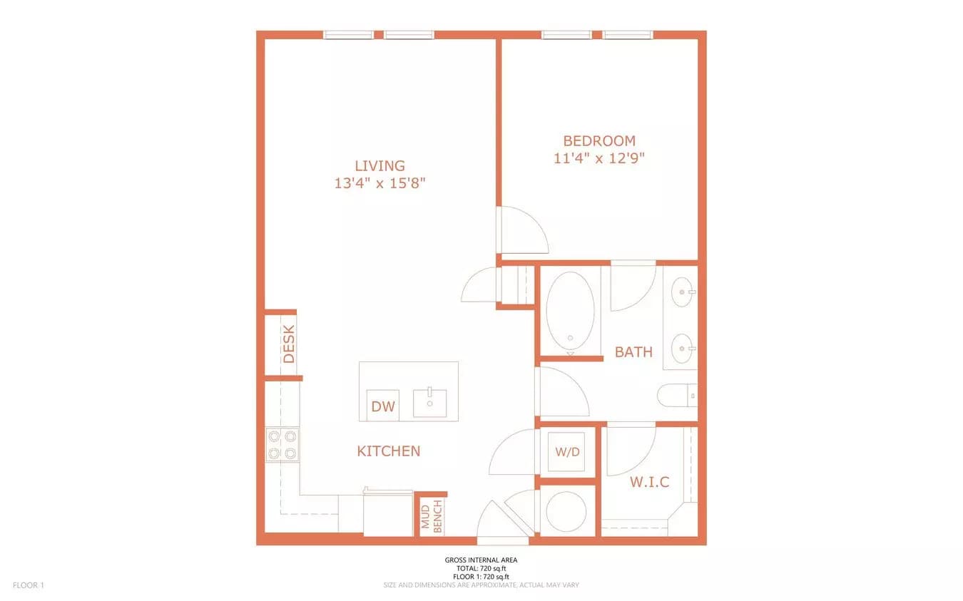 1 Bedroom 1 Bathroom 300 floor plan