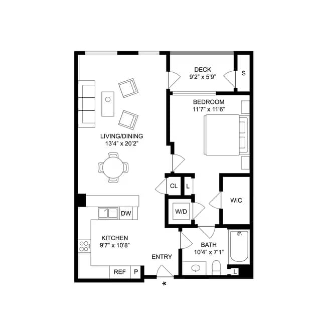 1 Bed, 1 Bath B floor plan