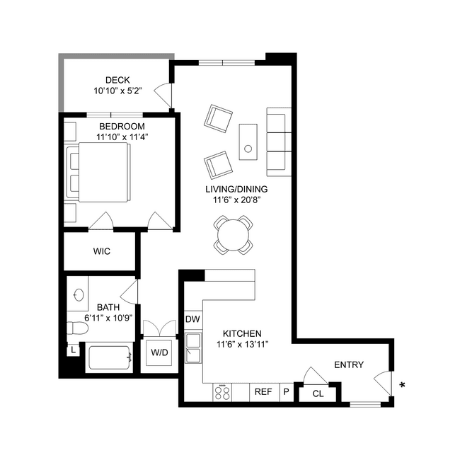 1 Bed, 1 Bath C floor plan