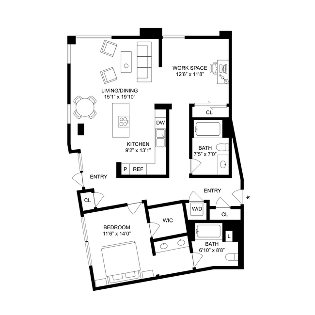 1 Bed, 2 Bath B - Live/Work floor plan