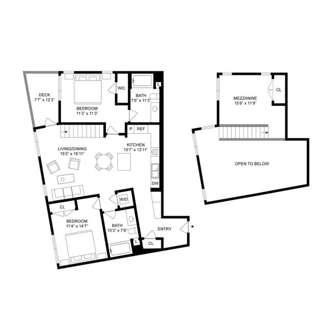 2 Bed, 2 Bath D - Mezzanine floor plan