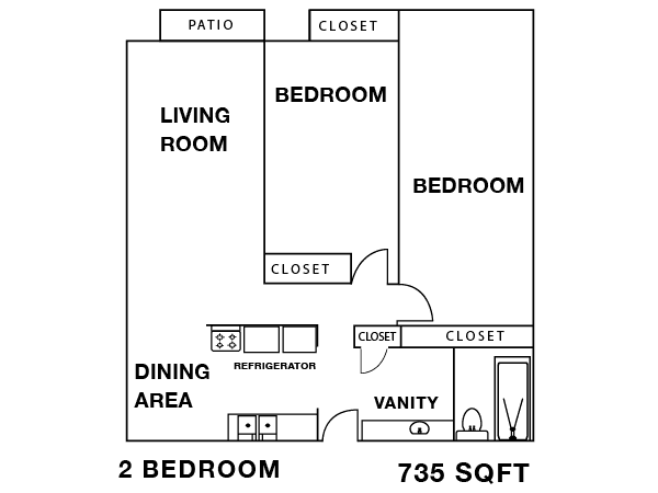 2 Bed 1 Ba, 2nd Flr K210 floor plan