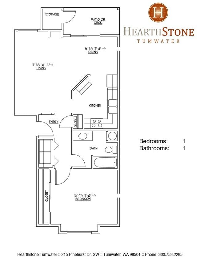 1 Bed 1 Bath * 223-203 floor plan