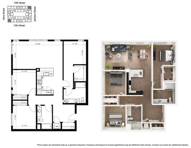D1 3 Bedroom 624 floor plan