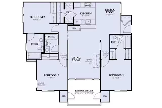 3bed/3bath 1387sf floor plan
