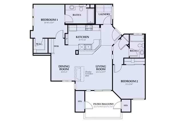 large 2bed/2bath/1113sqft floor plan