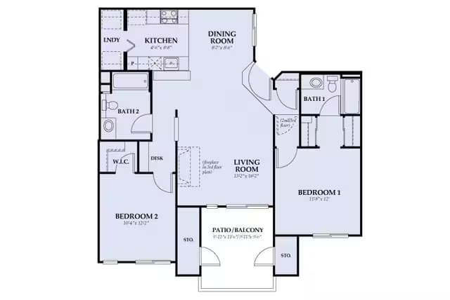 small 2bed/2bath/1064sqft floor plan