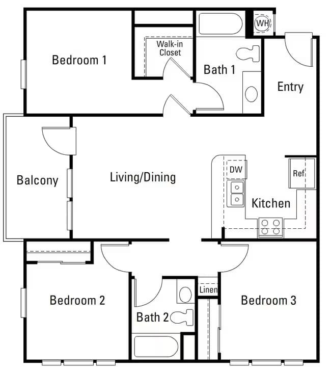 3 Beds, 2 Baths Model floor plan