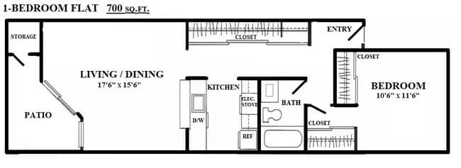 One bedroom, One bath Apartment 0801 floor plan
