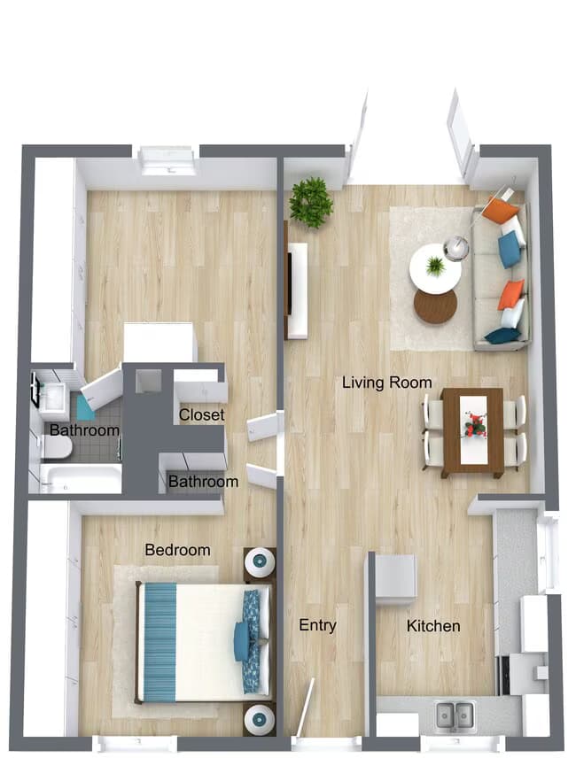 2 Bedroom 1.5 Bath 17 floor plan