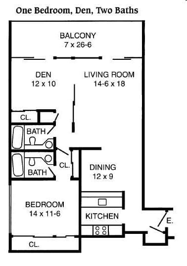 1 Bed, 1 Den, 2 Bath 126-Floor3 floor plan