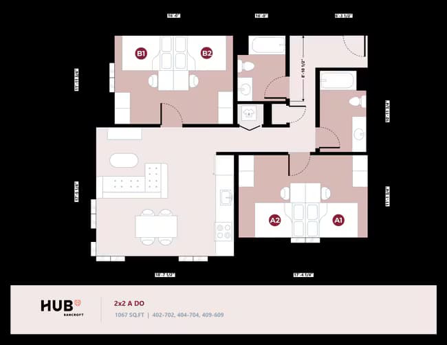 2x2 A Standard, Duo-Shared, Window Wall floor plan