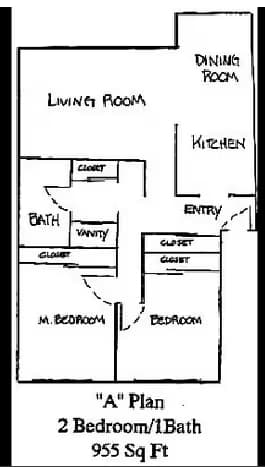 2 Beds, 1 Bath Model floor plan