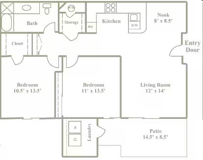 2 Bedroom 1 Bath floor plan