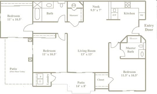 3 Bedroom 2 Bath floor plan