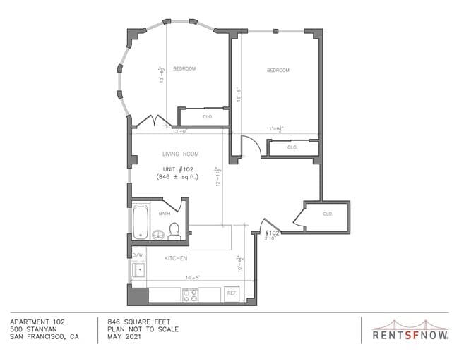 2 Bed 1 Bath 102 floor plan